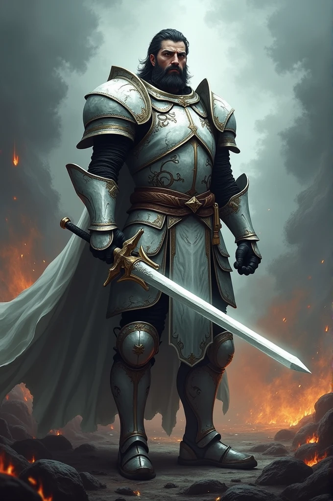 A stunning, highly detailed dark fantasy full body illustration of a proud warrior wearing intricate medieval white HKStyle armor and an epic helmet, holding a glowing sword in his hand, very wide shoulders, wearing big gauntlets, epic composition,( Positioned in a battlefield:1.1), battle on background, sword in his hand, with insanely intricate details and textures, gloomy dramatic lighting, 8K resolution,  HKStyle