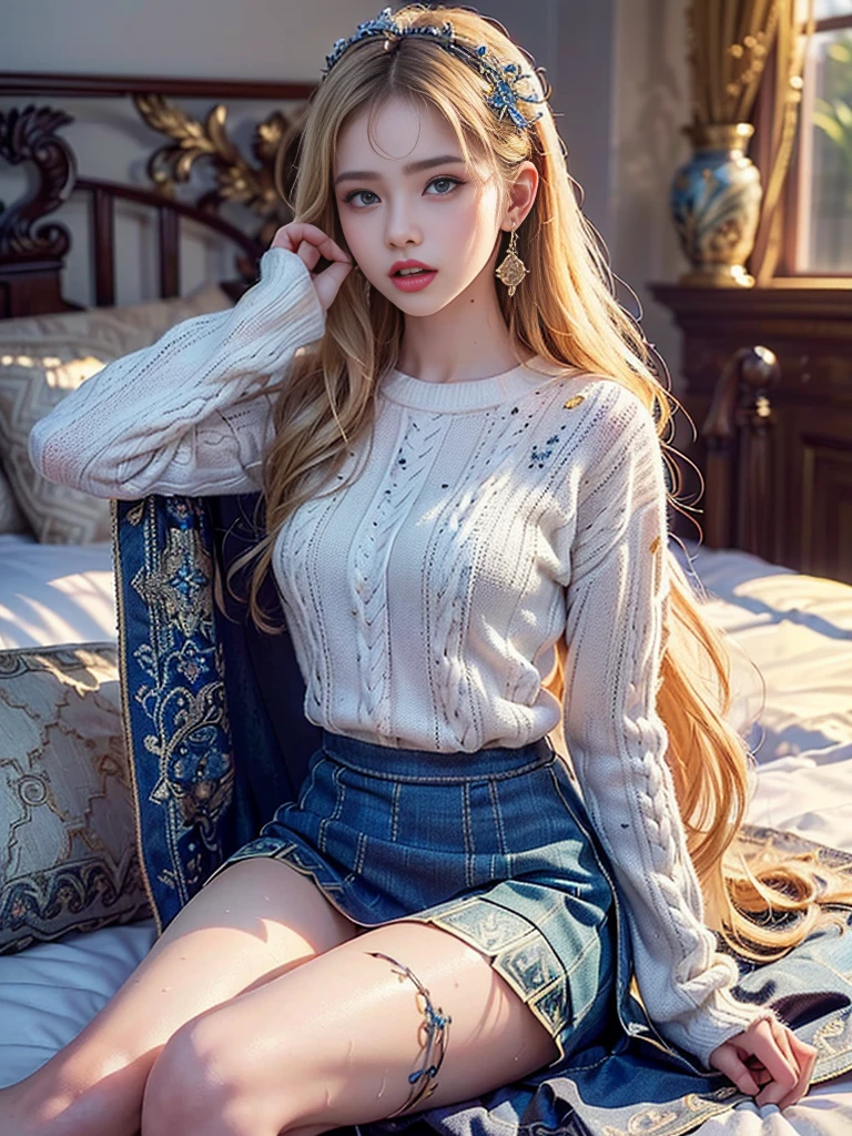 (((masterpiece, best quality))), (((high quality))), (((high resolution illustration))), (((hyper detail))),NSFW, (((Wordsworth's Sharon))),(((Very beautiful long blonde hair))), (((Very beautiful face))), ((((Detailed face)))),(((very beautiful blue eyes))),(((Realistic Skin))),(((her face is flushed))),(((slim body))),(((slim thighs))),(((small breasts))),(((very beautiful slender legs))),(((White sweater with extremely detailed and intricate decoration))),(((A skirt with extremely detailed and intricate decoration))),(((Boots with extremely detailed and intricate decoration))),(((A cloak with very detailed and intricate decoration))),(((beautiful earrings))),(((beautiful hair ornaments))),(((at the very beautiful bed))),(((wet her skin))),(((1girl))),(((saliva))),(((very angry))),((lying)))