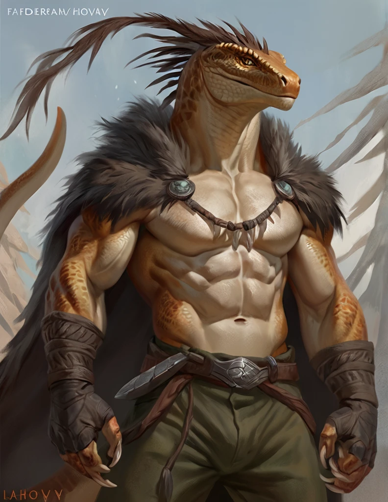 a ferocious male lizardfolk druid, muscular detailed body, masculine pose, tall topless, wearing pants and cloak, comic book style illustration, best quality, 4k, ultra-detailed, realistic, by laobai, by taran fiddler, by honovy
