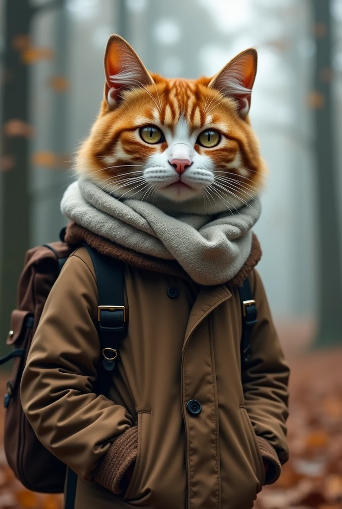 (Photorealism:1.2), Imagine a world where animals have evolved to have human characteristics in an enchanted forest.。in this forest、A cat with detailed brown and white fur、They have intelligent eyes like humans.。This cat is wearing human clothes、Brown jacket、Wearing a white scarf、I'm carrying a backpack。The setting is a misty autumn forest、Adds a mystical feel to the scene。