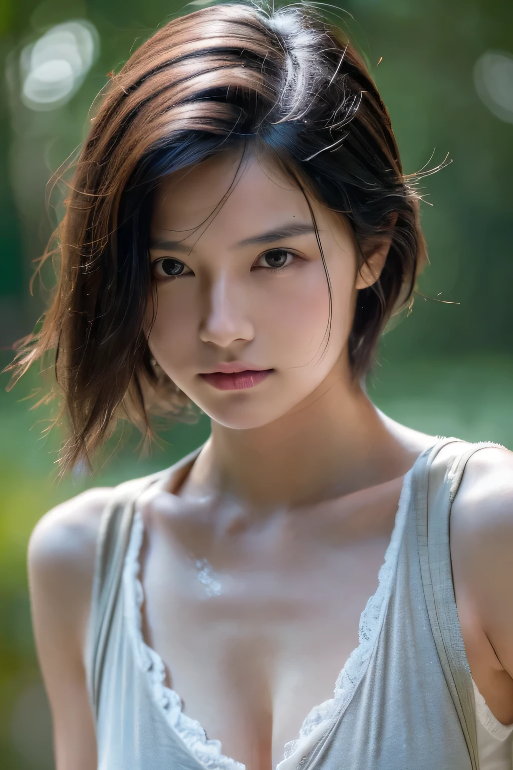 Wet roads ,drenched, Dripping, Wet Face,Wet clothes, Wet Skin, Wet Hair,A young woman with a cute face like a Japanese idol,(Cleavage),((Cinema Lighting),(Natural light),(High level of artistry),(artistic),(Indistinguishable quality from the real thing),RAW Photos,Genuine,Genuine,High resolution,RAW Photos,masterpiece, beautiful, Handsome Tomboy, Looks like a salon model, Cool face, Neutral facial features, nsfw