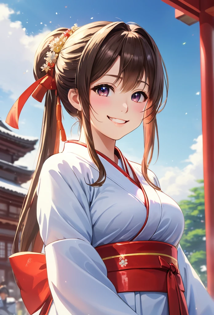 Domestic, Clear sky with white clouds, Shrine maiden costume, Blur the background,high school girl,Big Breasts,ponytail,smile,Glitter effect,Highest quality, 8k, High resolution, masterpiece:1.2, Very detailed, Realistic:1.37, High resolution, 超High resolution, Ultra-fine painting, Very detailed, Professional, Vibrant colors