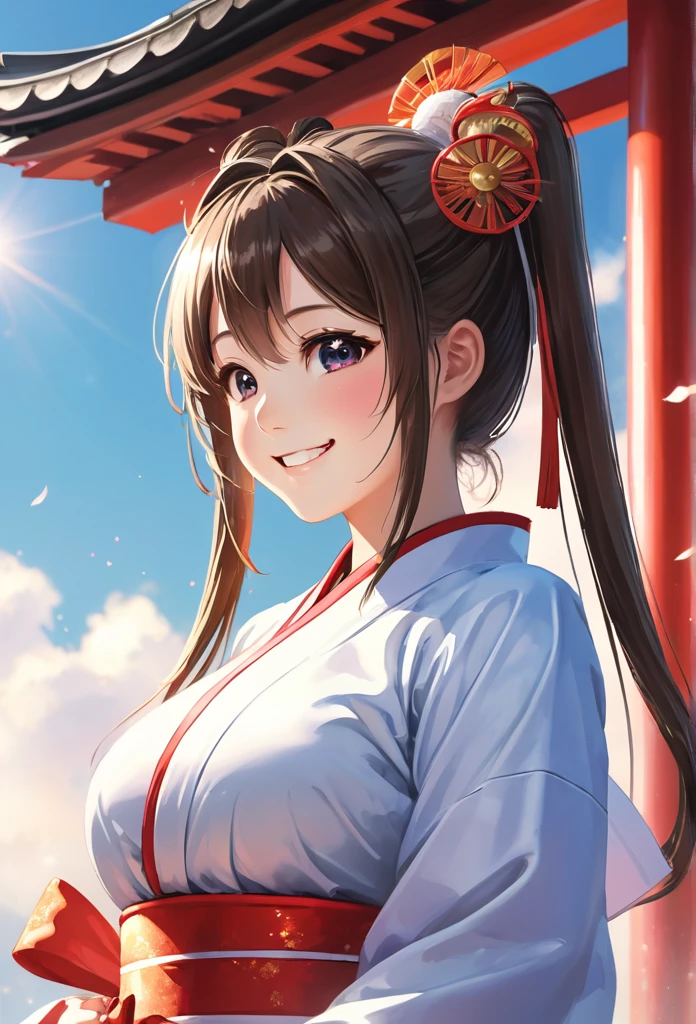 Domestic, Clear sky with white clouds, Shrine maiden costume, Blur the background,high school girl,Big Breasts,ponytail,smile,Glitter effect,Highest quality, 8k, High resolution, masterpiece:1.2, Very detailed, Realistic:1.37, High resolution, 超High resolution, Ultra-fine painting, Very detailed, Professional, Vibrant colors