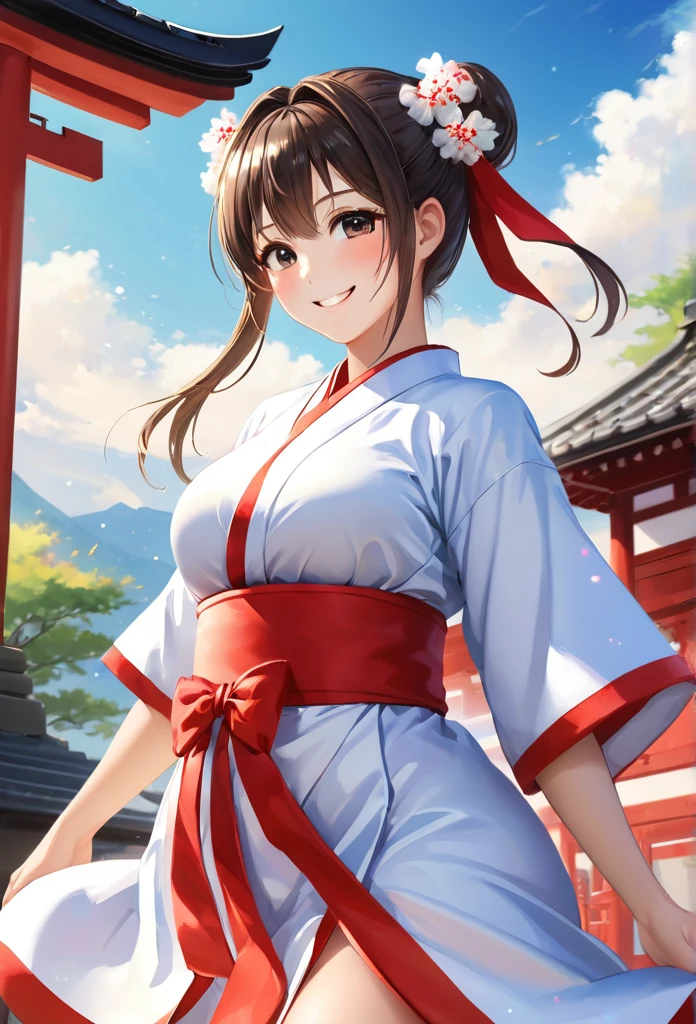 Domestic, Clear sky with white clouds, Shrine maiden costume, Blur the background,high school girl,Big Breasts,ponytail,smile,Glitter effect,Highest quality, 8k, High resolution, masterpiece:1.2, Very detailed, Realistic:1.37, High resolution, 超High resolution, Ultra-fine painting, Very detailed, Professional, Vibrant colors