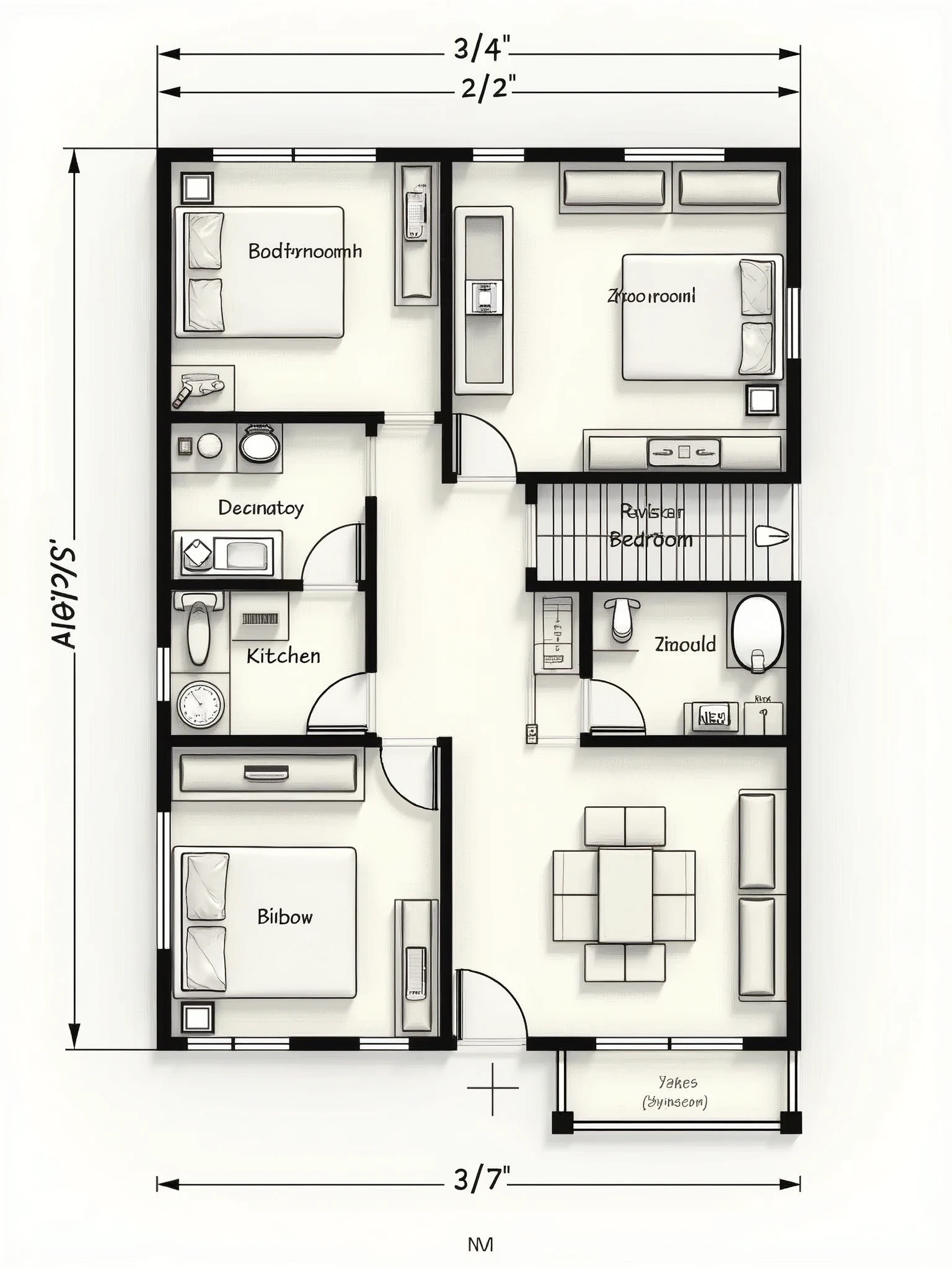 Draw a floor plan of a three-bedroom and two-living room，Three rooms facing south，living room、bathroom、Kitchen facing north，Request that the dimensions of each room be marked