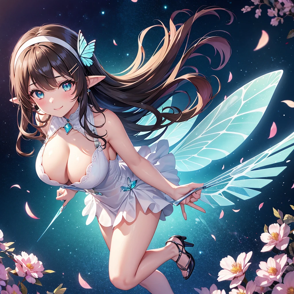 A beautiful 20 years old girl walking in a field of flowers, blue sky with white clouds, artistic fairy costume green mini dress, low-cut and sleeveless dress, crystal high heels, defined hands and legs, full body, looks like a sexy model, a pair of translucent wings, butterflies around, big rounds breasts, cleavage, high heels, dark brown hair, long hair, wavy hair, long bangs, expressive hair, shiny hair, hairclip, hairband, leaf hair ornament, aqua eyes, glowing eyes, pupils sparkling, blush, glossy lips, crystal earrings, pointy ears, smile, fingersmile, seductive smile, naughty face, Color Field painting, high detail, anime, dithering, image fill, first-person view, wide shot, from above, perspective, Wide-Angle, f/1.8, 85mm, Sony FE GM, 8k, 8k wallpaper, super detail, highly detailed CG, UHD, retina, masterpiece, accurate, anatomically correct, textured skin, highres, best quality:1.3, 16k