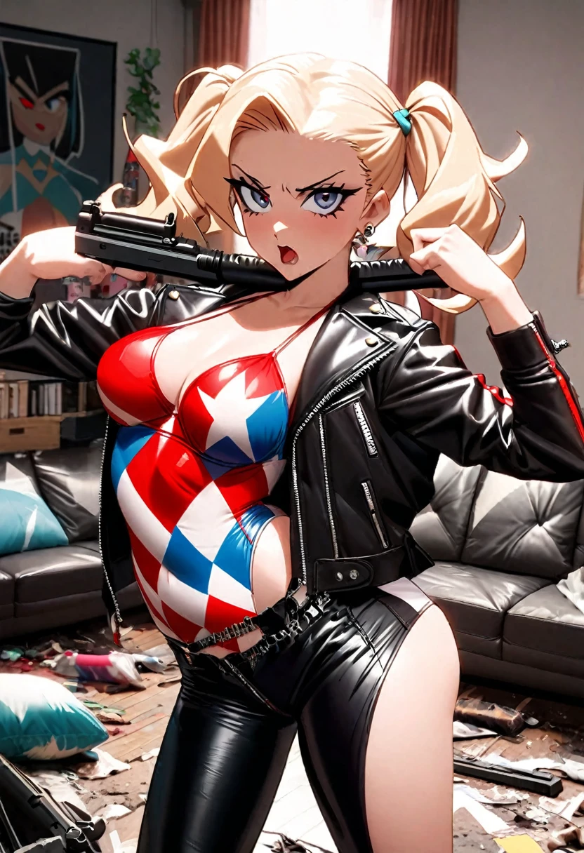 Marilyn Monroe (age 25, black leather jacket, tough girl pose, sexy swimsuit, role of Harley Quinn, crazy sexy flirting) casually holding a gun, trashed living room