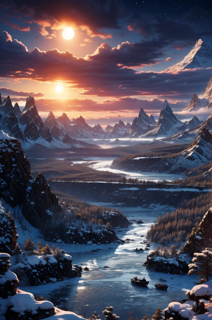frozen land of siberia, plain mountains, snow, twilight