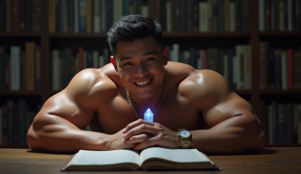 best quality, masterpiece, extremely detailed, masculine, 25 year old muscular bodybuilder filipino man, wearing glasses, round face with chubby cheeks, (muscular bodybuilder), very cheeky smile, fitted clothes, glowing quartz crystal pendant, bends forward and leaning elbows on a table, round bubble butt, in library, side view, afterhours, lights off, at midnight, cinematic shadows, dreamy atmosphere, perfect face, perfect hands, perfection