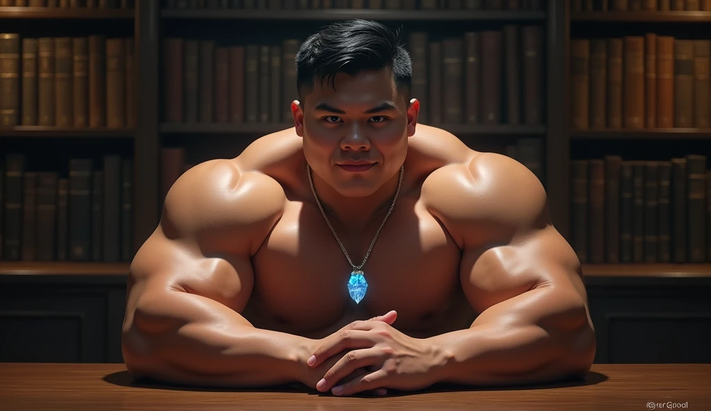 best quality, masterpiece, extremely detailed, masculine, 25 year old muscular bodybuilder filipino man, wearing glasses, round face with chubby cheeks, (muscular bodybuilder), very cheeky smile, fitted clothes, glowing quartz crystal pendant, bends forward and leaning elbows on a table, round bubble butt, in library, side view, afterhours, lights off, at midnight, cinematic shadows, dreamy atmosphere, perfect face, perfect hands, perfection