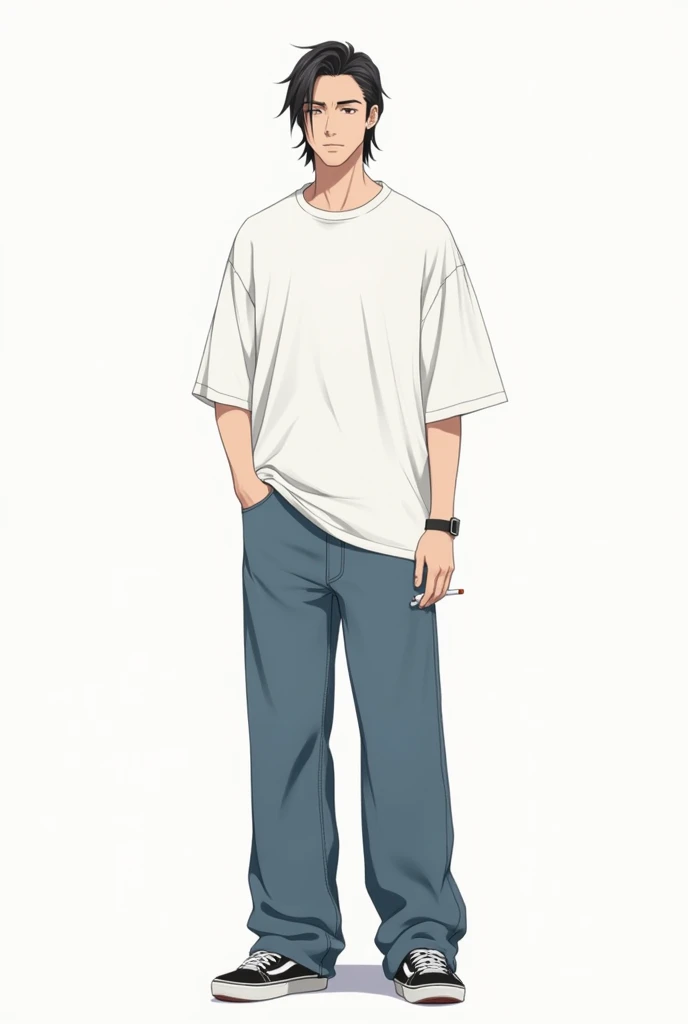 Oversized clothing, man, plain white T-shirt, wide jeans, Vans sneakers, anime, pure white background, front, slicked back center parting, holding a brown filter cigarette in his right hand