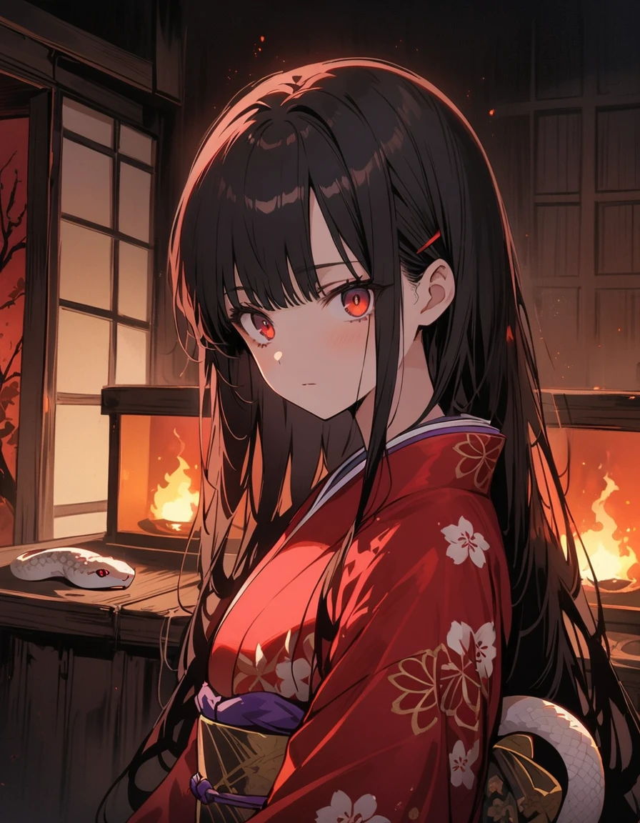 One Woman, 25 Years Old Masterpiece, Highest quality, beautiful, Expressionless, Jet Black Hair, Red pupils, Big eyes, kimono, snake, Red Higanbana, Creating fear, Dark Background, Horror, Insanity, anime, Japanese-style room, indoor, No Escape