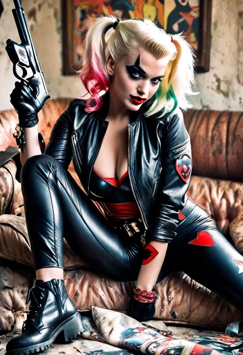Marilyn Monroe (age 25, black leather jacket, tough girl pose, sexy swimsuit, role of Harley Quinn, crazy sexy flirting) casually holding a gun, trashed living room