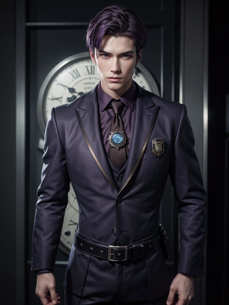 a handsome attractive slender man from the future, muscular torso, short dark purple platinum hair, dark brown eyes, wearing dark blue steampunk style police costume,