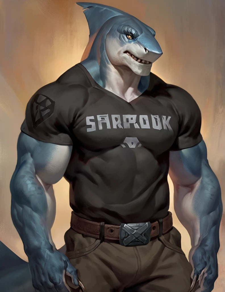 Sharkfolk, bull shark, comic book style, illustration, solo, ferocious, male, standing, mercenary, pants, masterpiece, best art, full body, by laobai, by taran fiddler, by honovy, detailed eyes, detailed body, claws, masculine body shape, fantasy, tall, tight t-shirt, pecs, pants, belts on chest
