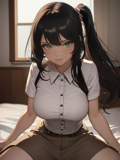 (1girl:1.3), Masterpiece, Best quality, amazing beauty, 4K, absurdres, finely detail, super detailed eye, perfect ???????, official art, cinematic lighting, BREAK, bedroom, silky medium long hair, silky ponytail, black hair, super shiny detailed green eyes, Looking at Viewer(camera), shy face, BREAK , big breasts, white skin, wheat skin, sitting bed in bedroom, BREAK , (Short-sleeved shirt:1.2), BREAK,()				