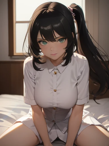 (1girl:1.3), Masterpiece, Best quality, amazing beauty, 4K, absurdres, finely detail, super detailed eye, perfect anatomy, official art, cinematic lighting, BREAK, bedroom, silky medium long hair, silky ponytail, black hair, super shiny detailed green eyes, Looking at Viewer(camera), shy face, BREAK , big breasts, white skin, wheat skin, sitting bed in bedroom, BREAK , (Short-sleeved shirt:1.2), BREAK,()