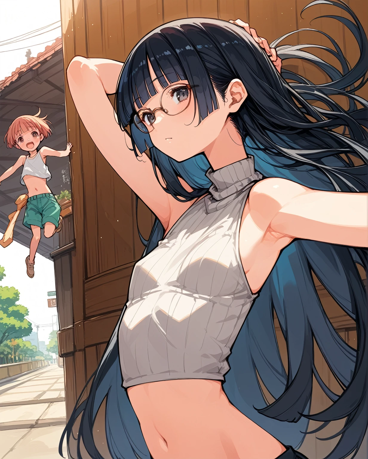 Almost naked,The eroticism that seems visible but is not,裸よりもNaughty,Sexy clothes,Revealing clothing,Focus on your audience,Naughty,The sides of the upper body are completely exposed,側面が完全に空いているデザインのSleeveless turtleneck,Exposed from the flank to the chest,Protruding ribs,Exposed waistline,Super low rise,Not wearing an inner layer、胸元が開いたデザインのSleeveless turtleneck,Exposed chest、Exposed flanks,sexy,Flat Chest,Focus on your audience,Very thin body,Anime Style,Slim figure,delicate,Glasses,Asian woman wearing a grey top posing on the stairs, Sleeveless turtleneck_Baggy, 脇が完全に開いているSleeveless turtleneck_Relaxed back design,rib cage,Side bust,Shoulders are wide open,sexyなWearing a crop top, Photo of slim girl model, Chiho, T-Top, shikamimi, Wearing a crop top, Real life anime girls, Kurohime cut hair, Chassis, 2 4-year-old female model