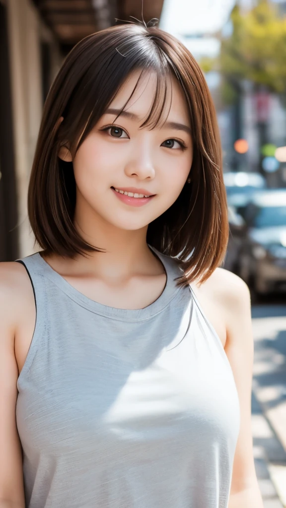a beautiful young female college student, smiling, in an urban setting, wearing cute casual clothes, with a perfect body and fingers, professional lighting, gravure photoshot, extremely detailed face and skin texture, fine grain, RAW photo