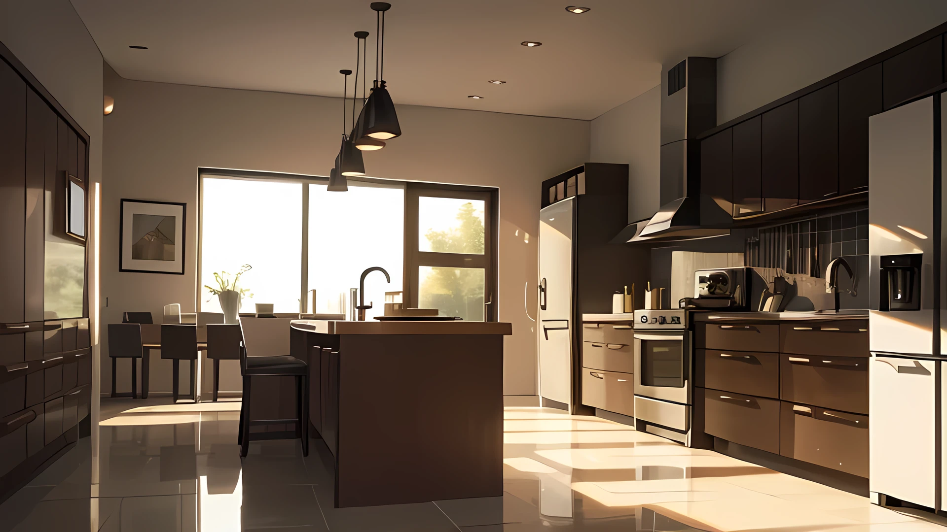 Masterpiece, kitchen, modern kitchen, high quality, best quality, HD, realistic, perfect lighting, detailed, glowing, set background, {perfect proportions}, (((No Humans))), 