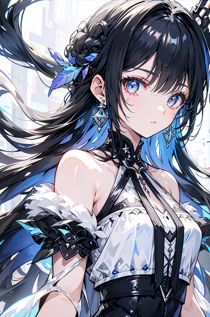 Exquisite facial features，Girl in western dress，Glassy eyes，Silver earrings，Black long hair，cute，Sleeveless clothing