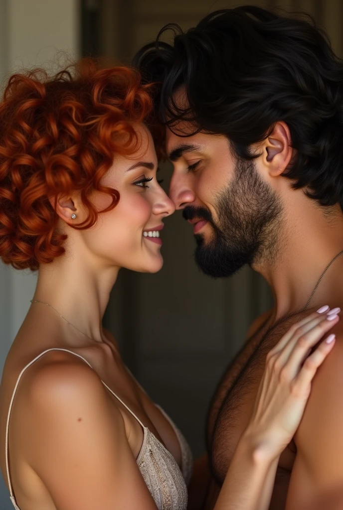 Cinnamon-skinned woman with short curly red hair and brown eyes and a tall man with wavy black hair without a beard and without a mustache. Both hugging and looking into each other's eyes with a lot of love and desire to kiss.