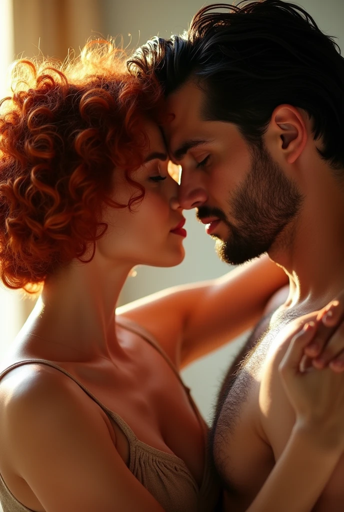 Cinnamon-skinned woman with short curly red hair and brown eyes and a tall man with wavy black hair without a beard and without a mustache. Both hugging and looking into each other's eyes with a lot of love and desire to kiss.