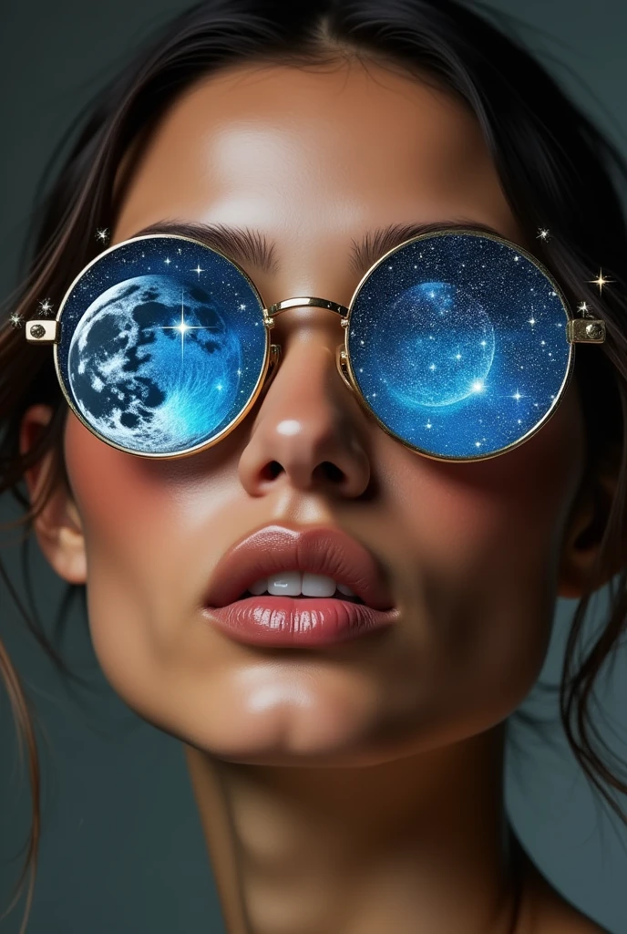 The model is wearing glass sunglasses with stars and the moon on the glass