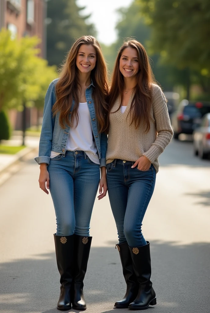 Show entire body, Feet in view, Aerial photography, twins , Brown hair, jeans, black overkneeboots, neighborhood, Sunny day, smiling,