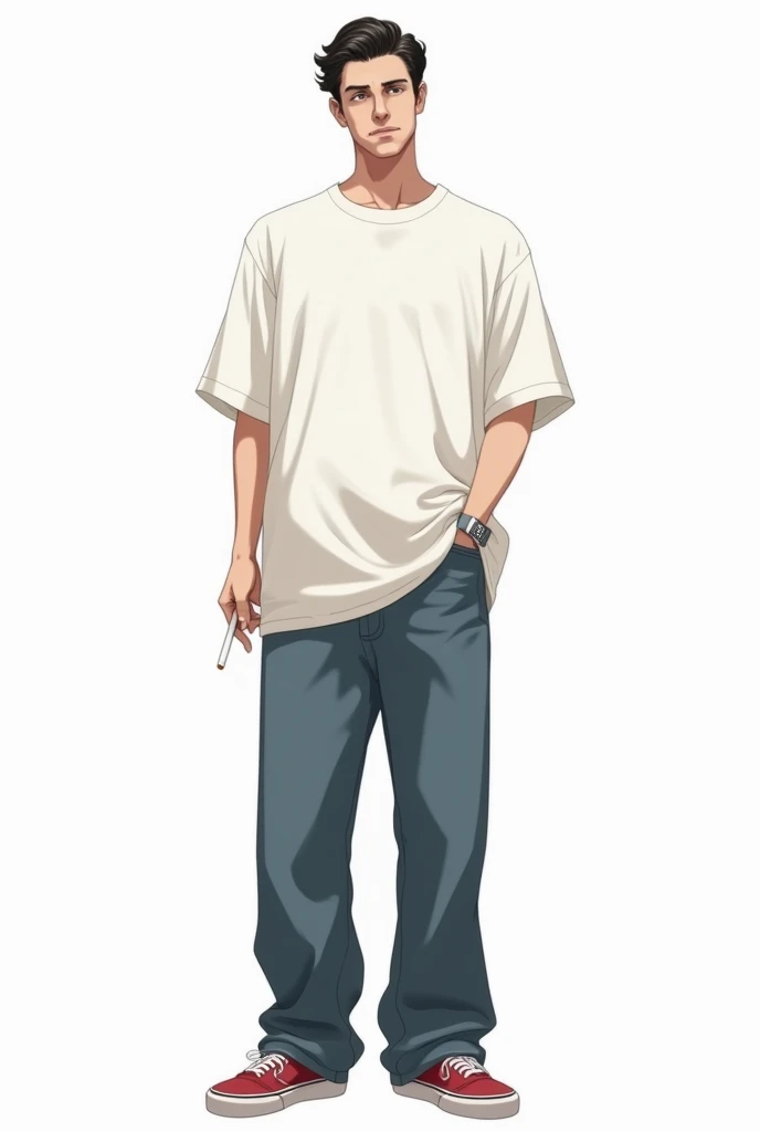 Oversized clothing, man, plain white T-shirt, wide jeans, Vans sneakers, anime, pure white background, front, slicked back center parting, holding a cigarette in the right hand


