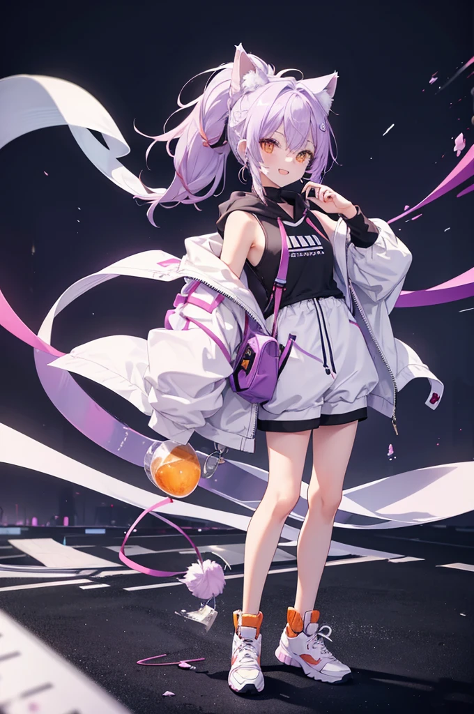 Full body portrait,boy,Light purple hair,ponytail,Hair up to shoulders,Orange Eyes,Cat ear,Around 16 years old,White hoodie outfit,Mouth open,smile,Moe sleeves,Cute pose