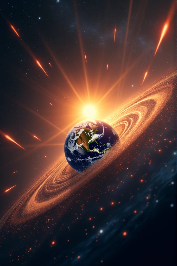 Earth revolving around the sun with meteors over around with earth and sun sound