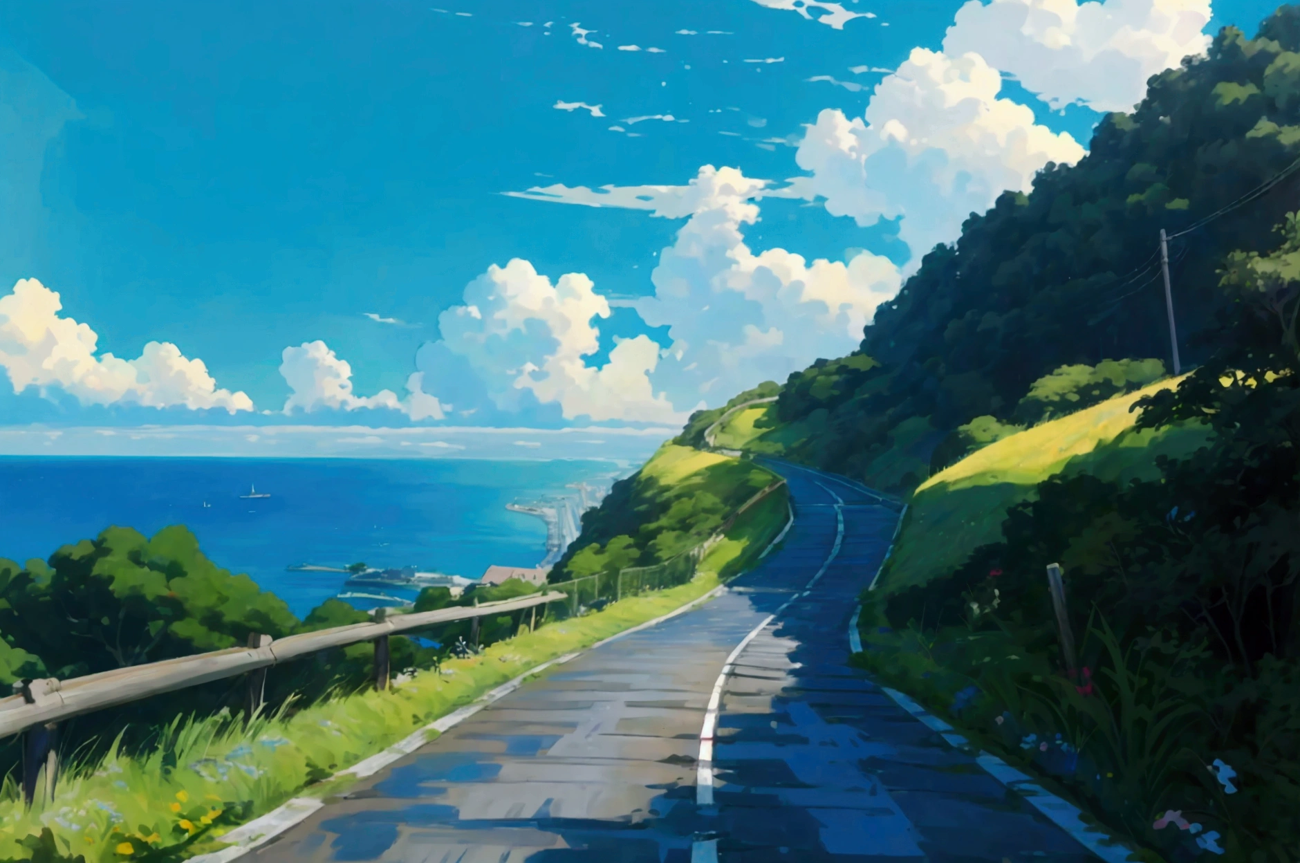 scène paisible sur une route côtière, Japanese rural setting. A sloping road down to the sea, with a security fence and a hill covered with greenery. The sky is clear and the ocean is a deep blue, creating a serene and summery atmosphere.