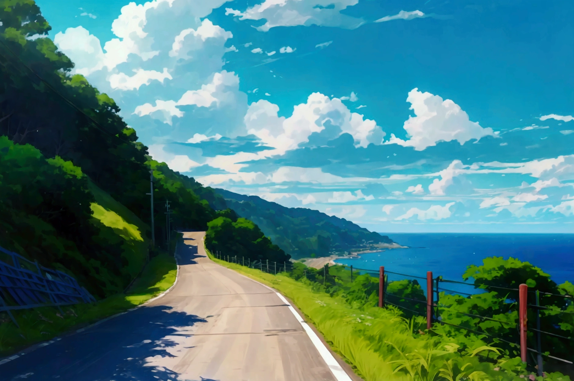 scène paisible sur une route côtière, Japanese rural setting. A sloping road down to the sea, with a security fence and a hill covered with greenery. The sky is clear and the ocean is a deep blue, creating a serene and summery atmosphere.