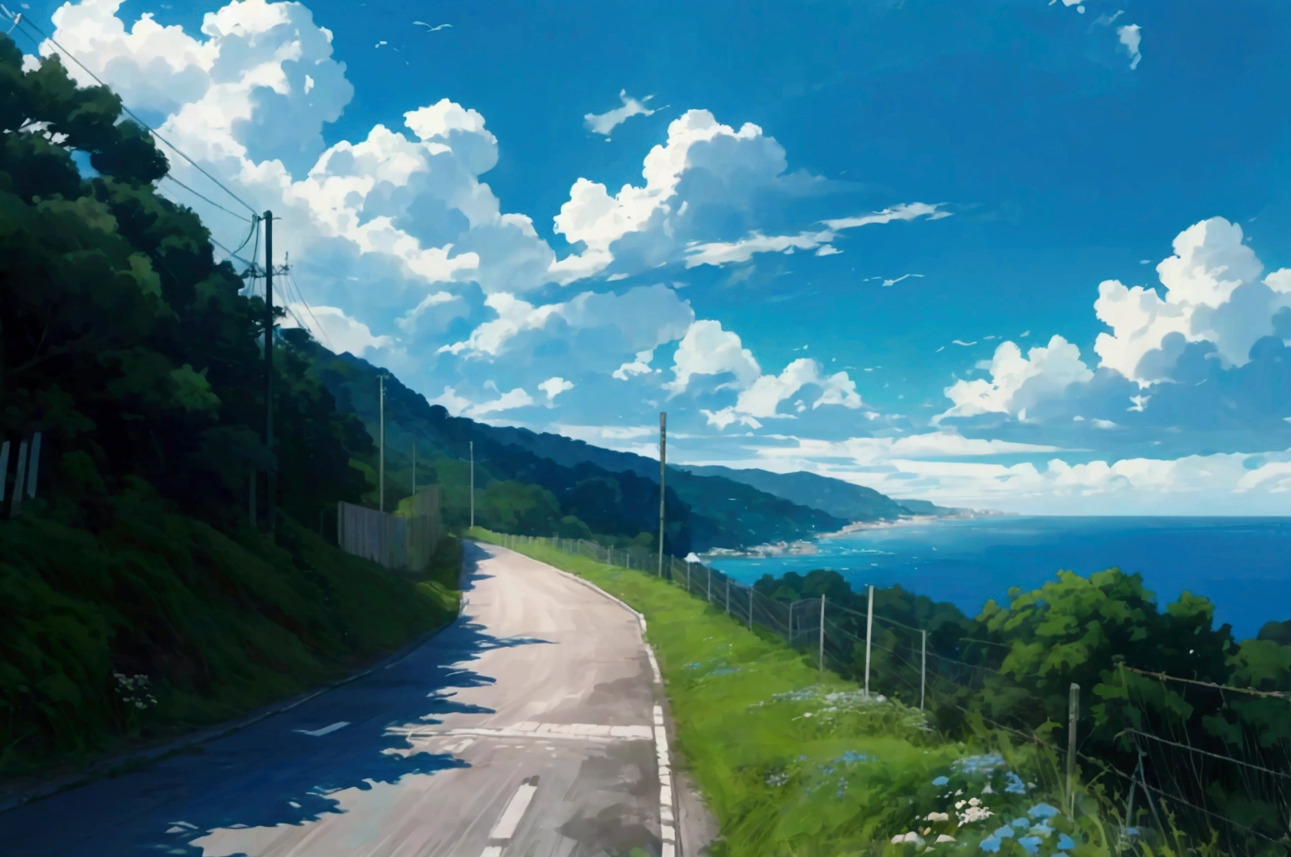 scène paisible sur une route côtière, Japanese rural setting. A sloping road down to the sea, with a security fence and a hill covered with greenery. The sky is clear and the ocean is a deep blue, creating a serene and summery atmosphere.