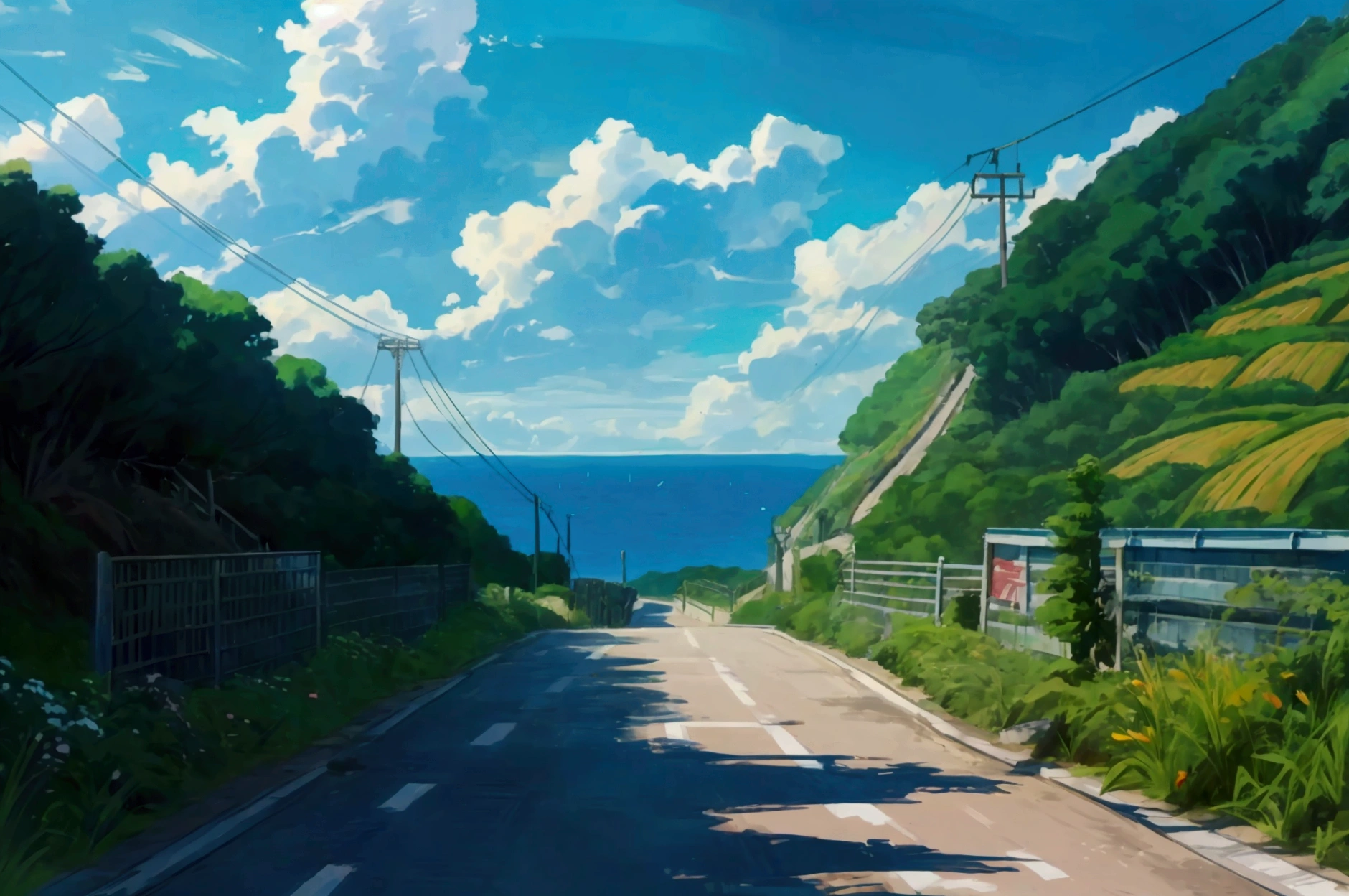 scène paisible sur une route côtière, Japanese rural setting. A sloping road down to the sea, with a security fence and a hill covered with greenery. The sky is clear and the ocean is a deep blue, creating a serene and summery atmosphere.