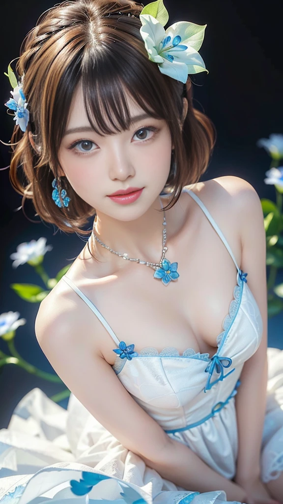 8k,Confused, High resolution, Very detailed, 1 girl, alone, Very beautiful eyes, Ultra-precise depiction, artistic、Very detailed depiction, (Tangled:1.2), , (White high key background:1.5), (((White dress with blue flower pattern 1.5))), 、 short hair、Loose wavy hair、Earrings and Necklaces、Brown Hair, (Glowing Skin), Many colors, , (Shooting from above:1.2),、Flat Body、slim、cute、、Round face、Cast a Shadow、、Smile 1.3