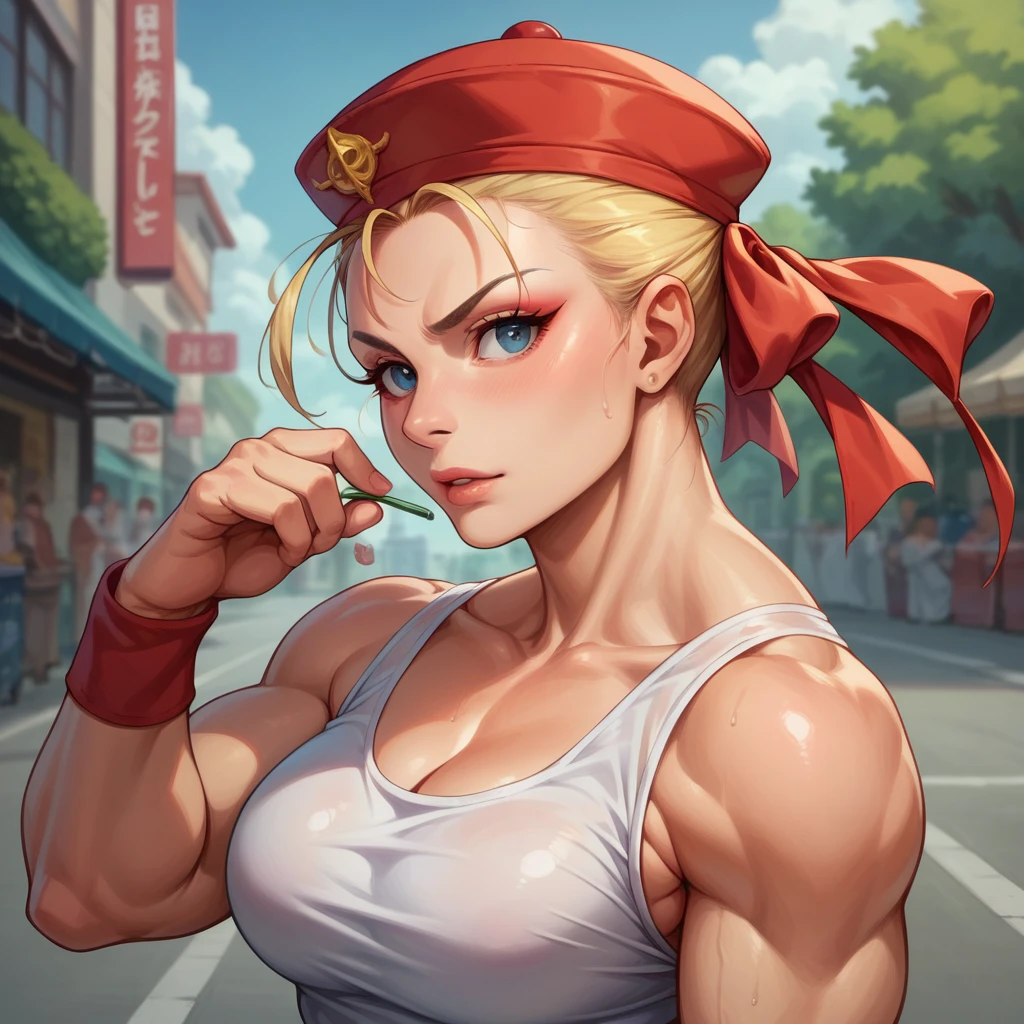 (masterpiece, best quality), Intricate details, 1sologirl Street Fighter&#39;s Cammy White blindfolded cover eyes, Happy red cheeks, chain leash collar choker neck bell 镣铐 wristbands bracers bracelets, Split the gag