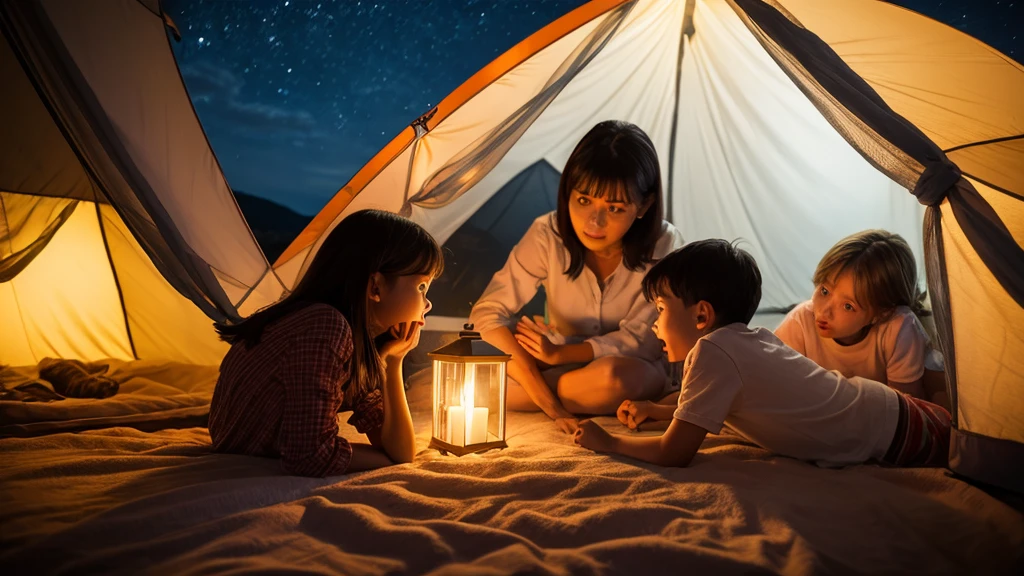 A family panicking in a tent at night
