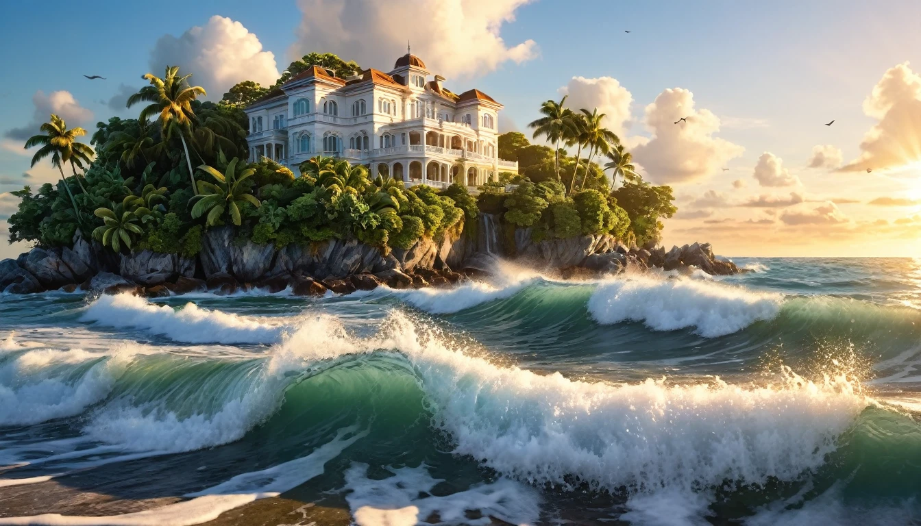 Sunset Beach、(ultra-Detailed Background, Detailed Background), Absurd, High resolution, Super detailed, Very detailed, pealing waves, offshore island, beautiful beach mansion, white marble and gold reflections, tropical foliage,