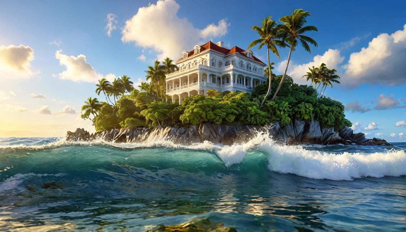 Sunset Beach、(ultra-Detailed Background, Detailed Background), Absurd, High resolution, Super detailed, Very detailed, pealing waves, offshore island, beautiful beach mansion, white marble and gold reflections, tropical foliage,