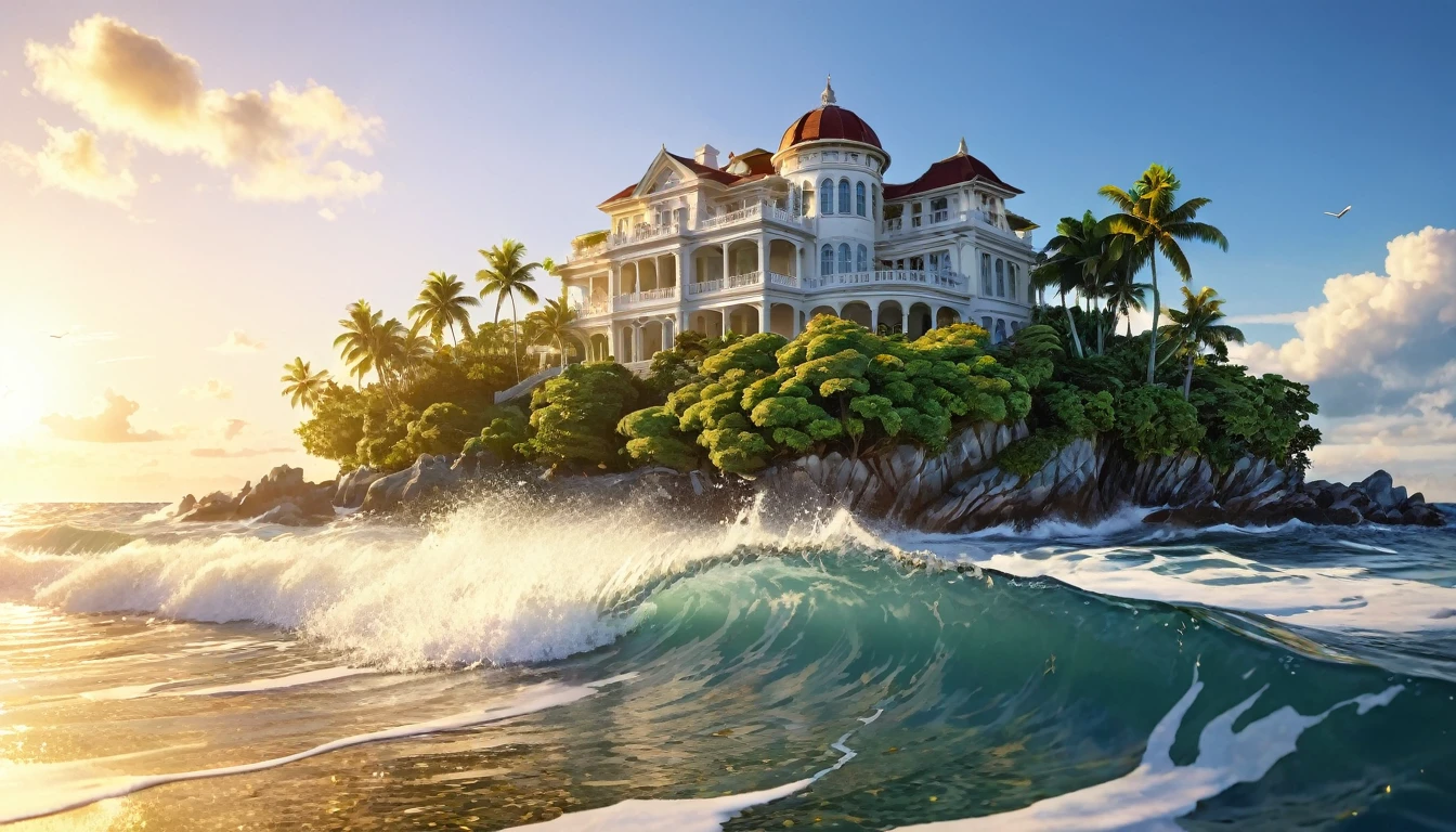 Sunset Beach、(ultra-Detailed Background, Detailed Background), Absurd, High resolution, Super detailed, Very detailed, pealing waves, offshore island, beautiful beach mansion, white marble and gold reflections, tropical foliage,