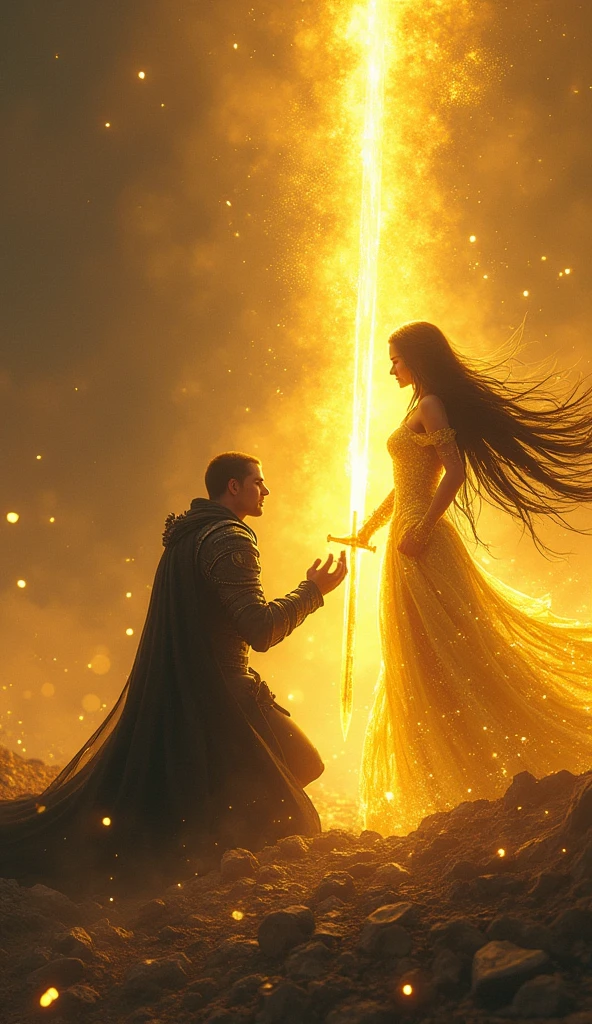 In the heart of the desolate battlefield, Voltex, with his long black hair flowing in the wind, kneels before the Radiant Princess. Her golden gown shimmers with ethereal light as she extends her hand toward him. As her hand touches his shoulder, a surge of divine energy flows into him, causing his dark armor and sword to radiate with a brilliant golden glow. His once pitch-black hair begins to shimmer with golden highlights, reflecting the light that now envelops him. Rising from the ground, Voltex’s eyes blaze with renewed intensity, his long hair billowing around him like a halo of darkness infused with light. Empowered by the Princess’s blessing, he raises his sword, now ablaze with golden energy, ready to unleash an even more powerful "Shadow Eclipse." The battlefield, once consumed by shadows, is now bathed in a radiant light, the darkness retreating before the combined power of light and shadow. The scene captures the moment of transformation, as Voltex, with his long flowing hair, becomes a golden beacon of power and hope, standing strong beside the Radiant Princess.