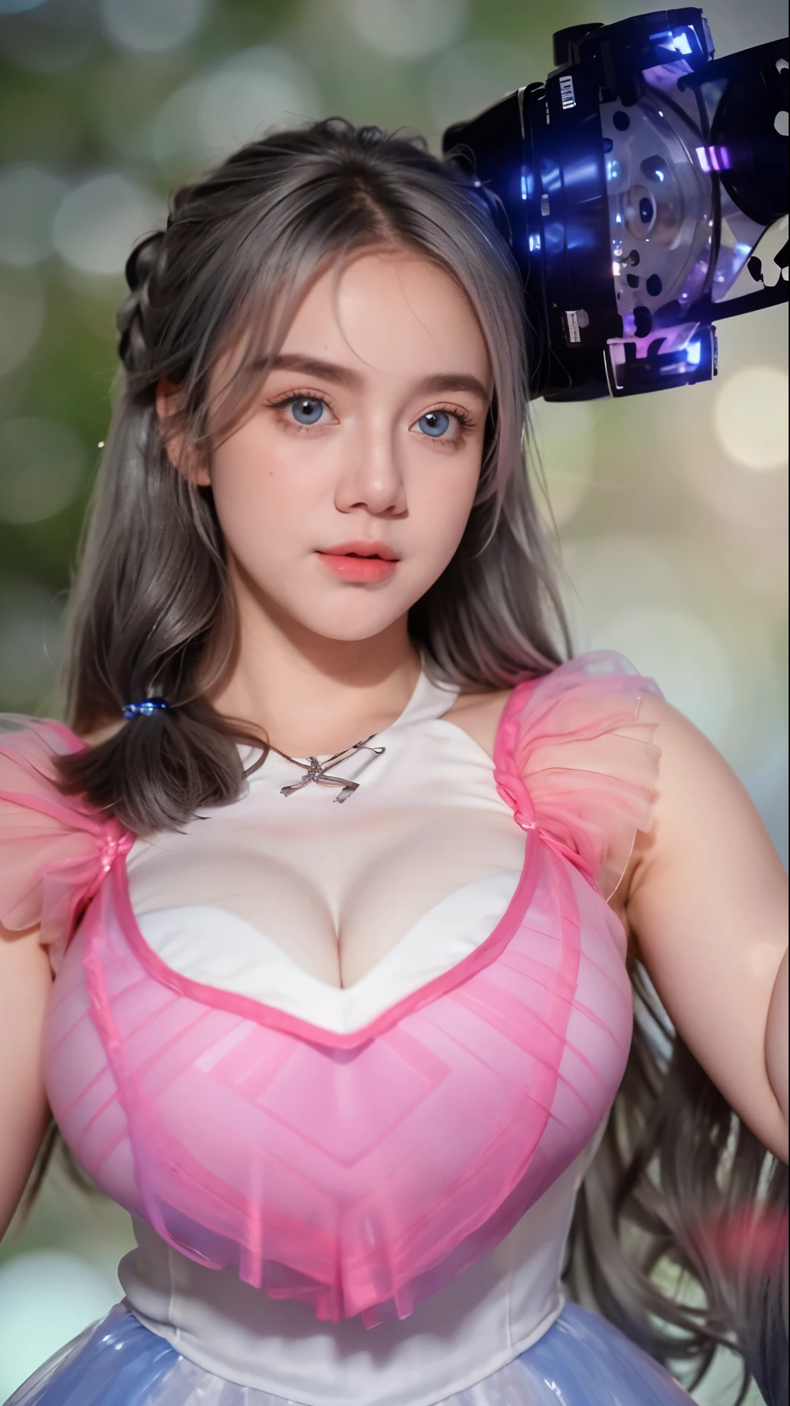 Georgeous, Beautiful, Cute, Baby Face, 18 Years Old, White Skin, Cleavage, ((Large Colossal Breast:1.3)), Sleeveless, Off Shoulder, Strapless, ((Transparent:1.3)), ((White Long ta Dress)), (Embroidery), Posing, ((Silver Hair)), ((Bright Blue Eye)), ((Muscles:1.2)), ((Bokeh:1.3)), Animal Farmer Background, Masterpiece, Twintails, Arms Up