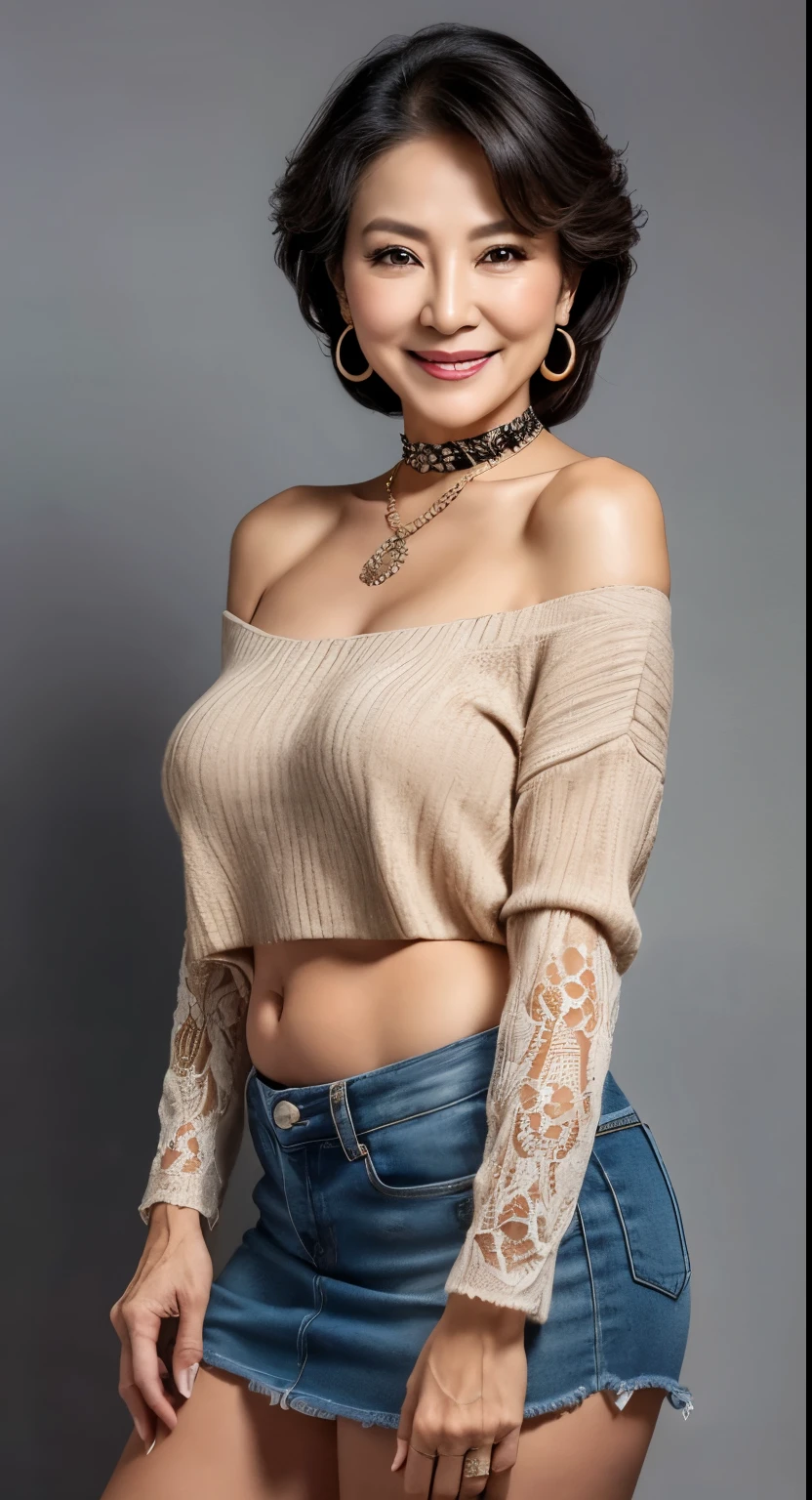 75 years old Mom MILF Korean, Lady large earring Big choker navel piercing decoration A bracelet realisitic Gorgeous Madame Beautiful Mature Woman sexy Smile Gentle woman navel piercing 4K High quality プリーツスカート ミニスカート