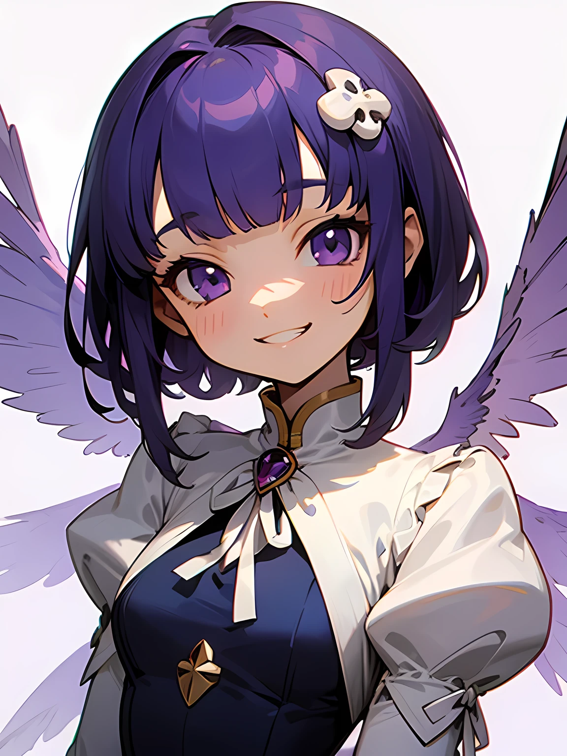 facing viewer,chibi,solo,upperbody,blue purple color hair,(very short thin pixiecut Mushroom hairstyle),blunt bangs,backcut,praying grin smile,(purple angel wings),white fril dress, purple neck big ribbon,white simple background,