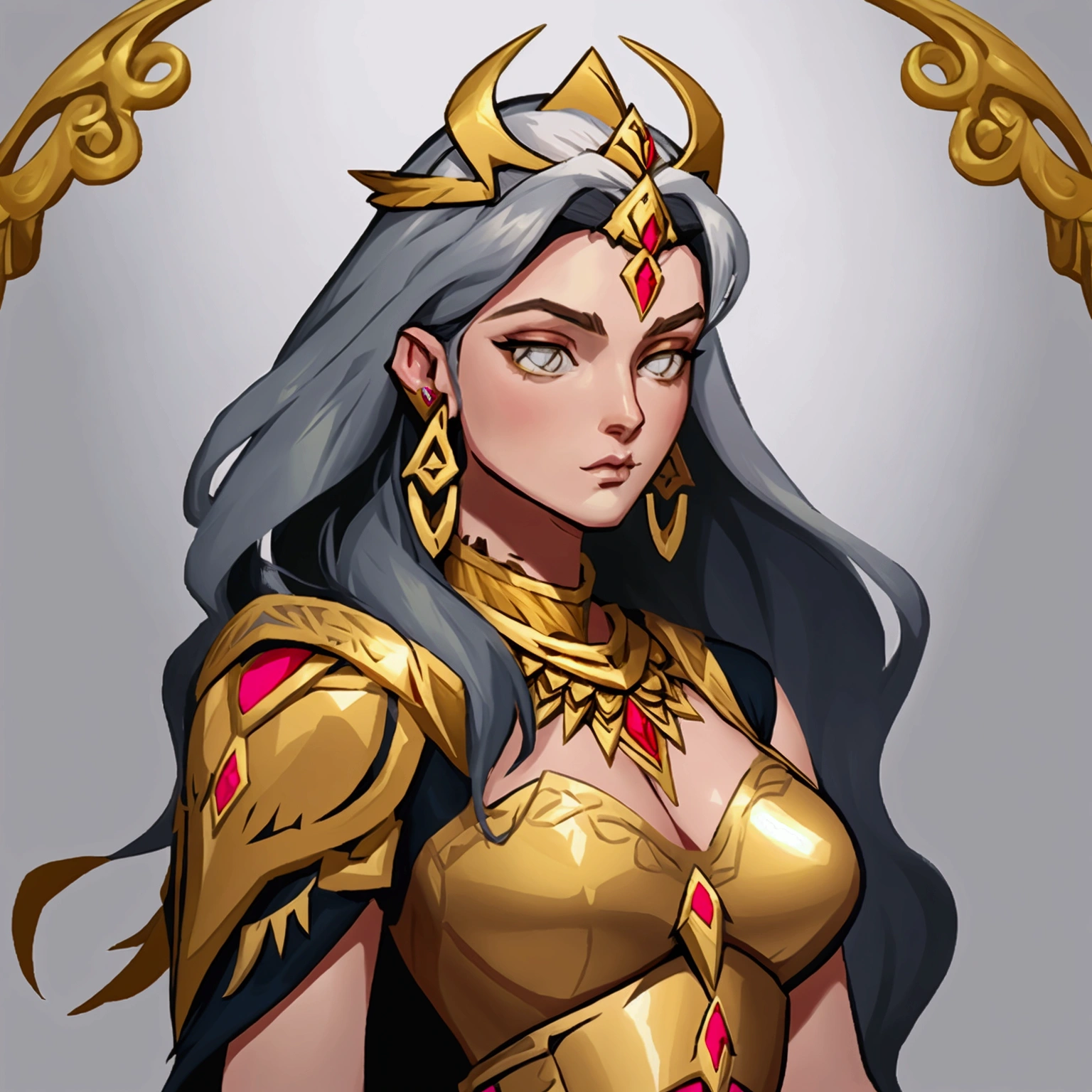 concept art, European and American comics, game character design, junior, Beautiful appearance like a goddess, european woman white long hair, Metal ornaments on the head, gray eyes, gold necklace on neck, ear ring earrings, Shoulder guard on shoulder, Female Warrior Armor