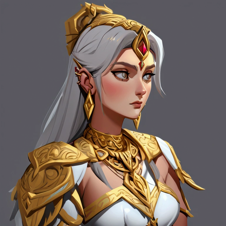 concept art, European and American comics, game character design, junior, Beautiful appearance like a goddess, european woman white long hair, Metal ornaments on the head, gray eyes, gold necklace on neck, ear ring earrings, Shoulder guard on shoulder, Female Warrior Armor