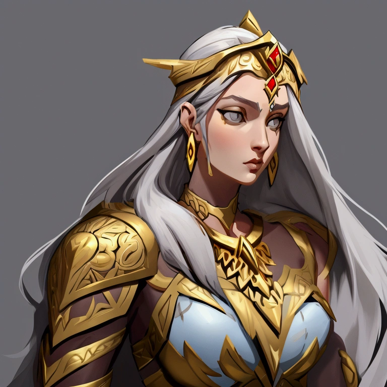 concept art, European and American comics, game character design, junior, Beautiful appearance like a goddess, european woman white long hair, Metal ornaments on the head, gray eyes, gold necklace on neck, ear ring earrings, Shoulder guard on shoulder, Female Warrior Armor