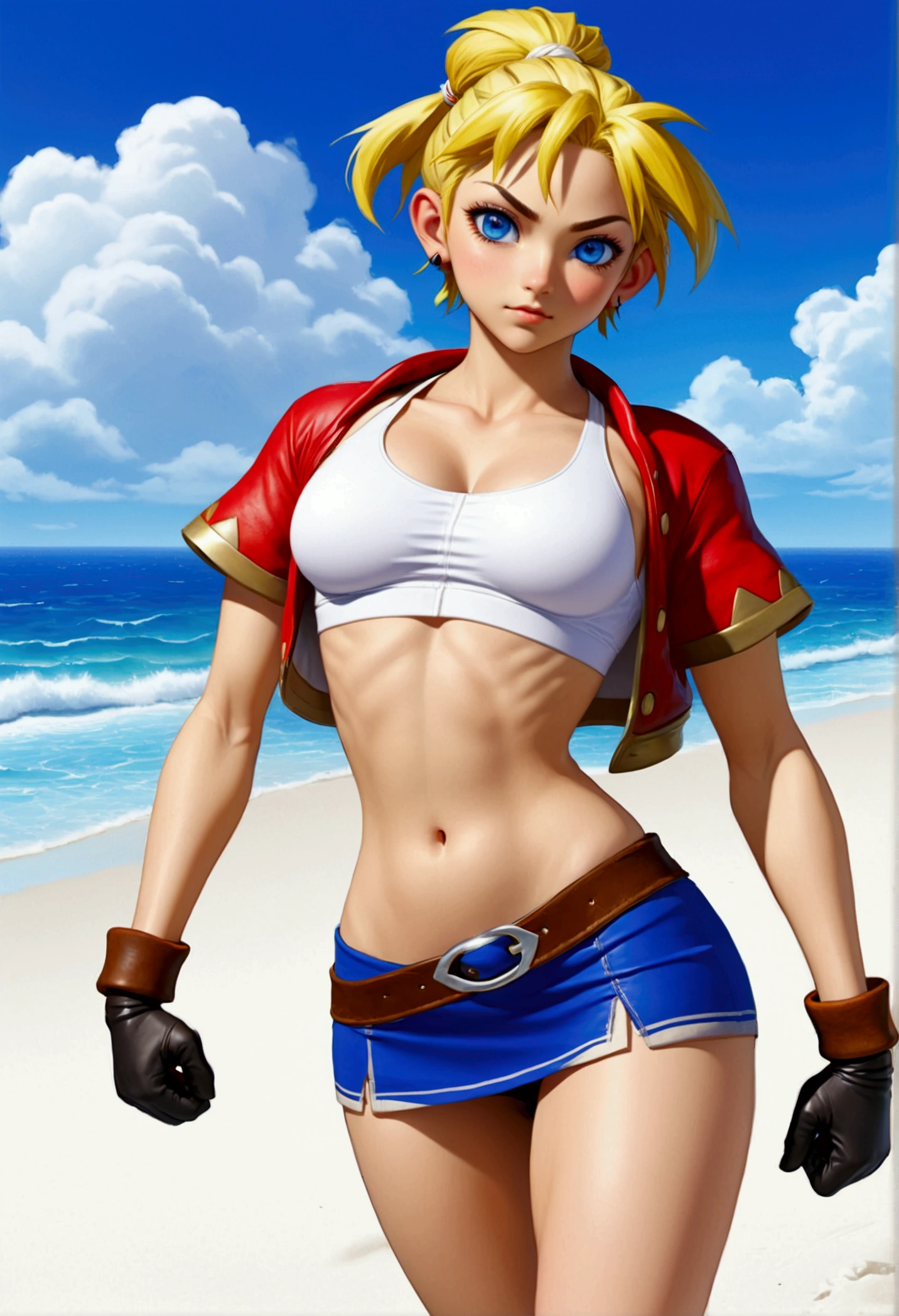 (promotional art), (Whole body view), (Kid from Chrono Cross), yellow hair in high ponytail braid, sapphire blue eyes, very slender toned frame, medium/large bust, pale white skin, (pair of white claw marks on both inner thighs;1.3), (strong glutes), fierce expression, BREAK: (tight red micro skirt with very high front slit), high cropped red jacket with short sleeves, skin tight white sports bra under jacket, (tight white sports bra:1.25), loose brown leather ankle boots, BREAK: 1/4 walking pose, on a white sand beach, ocean spray shooting up behind her